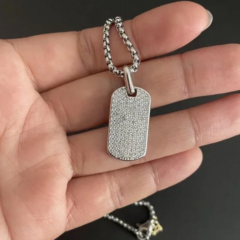 David Yurman Silver Pave Dog Tag Pendant Necklace